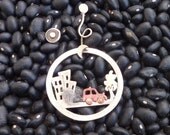 Earrings.Sterling silver and copper.Pair of dangle and stud earrings.Mini car in the town.Statement,alternative gift for her.