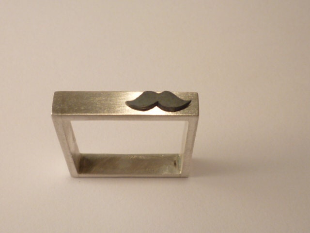 Ring.Sterling silver square ring.A mini black mustache set on the top.Geek fasion silver jewelry.