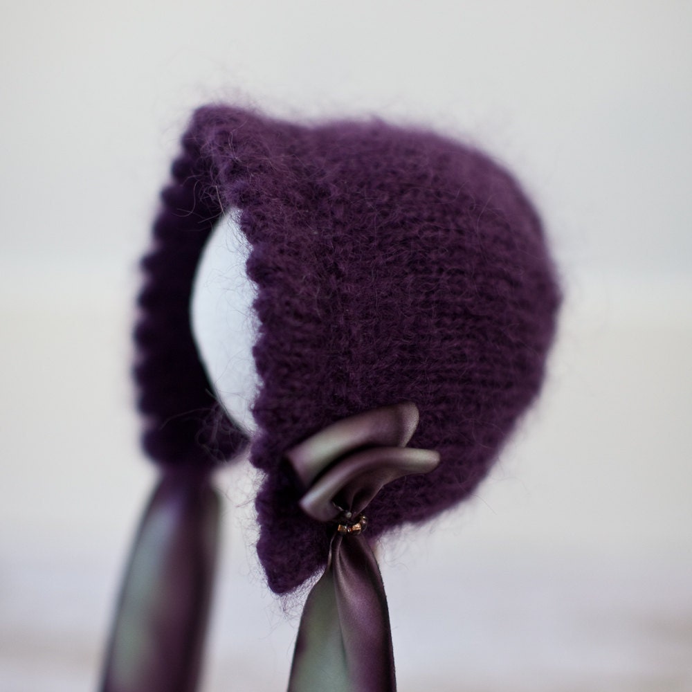 Mohair Baby Bonnet - Eggplant with Hand Dyed Pure Silk Ribbon