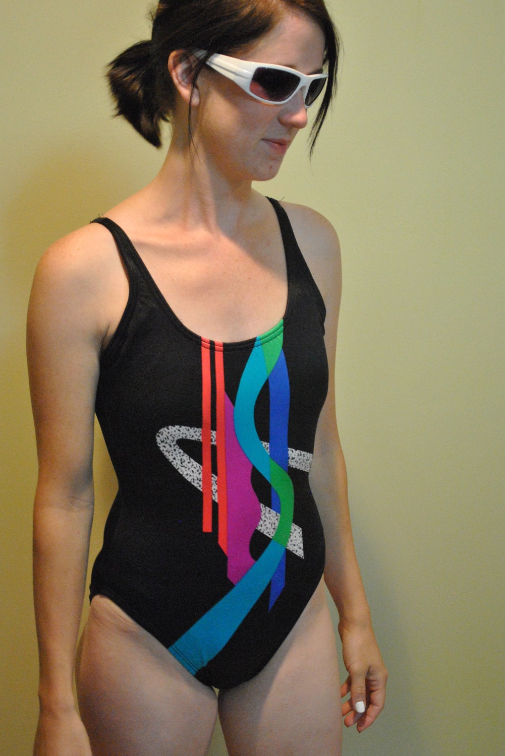 SALE-- Vintage 1980s SPEEDO One Piece Swimsuit Black with Colorblock Design size S / M