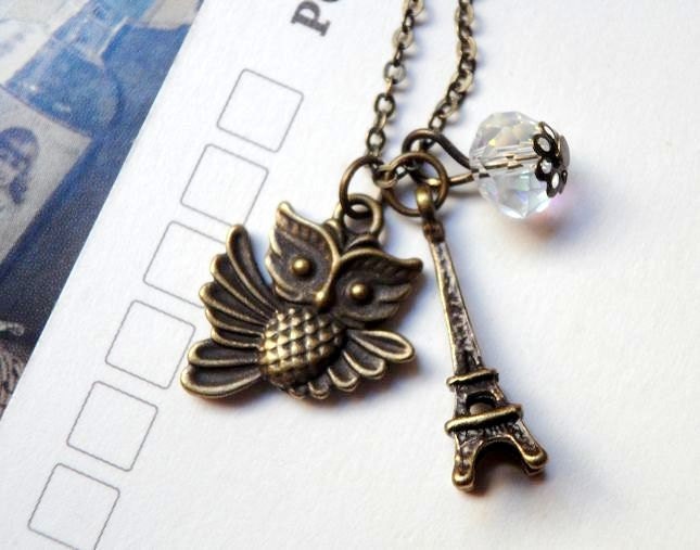 Fly away Owl Necklace with Eiffel Tower