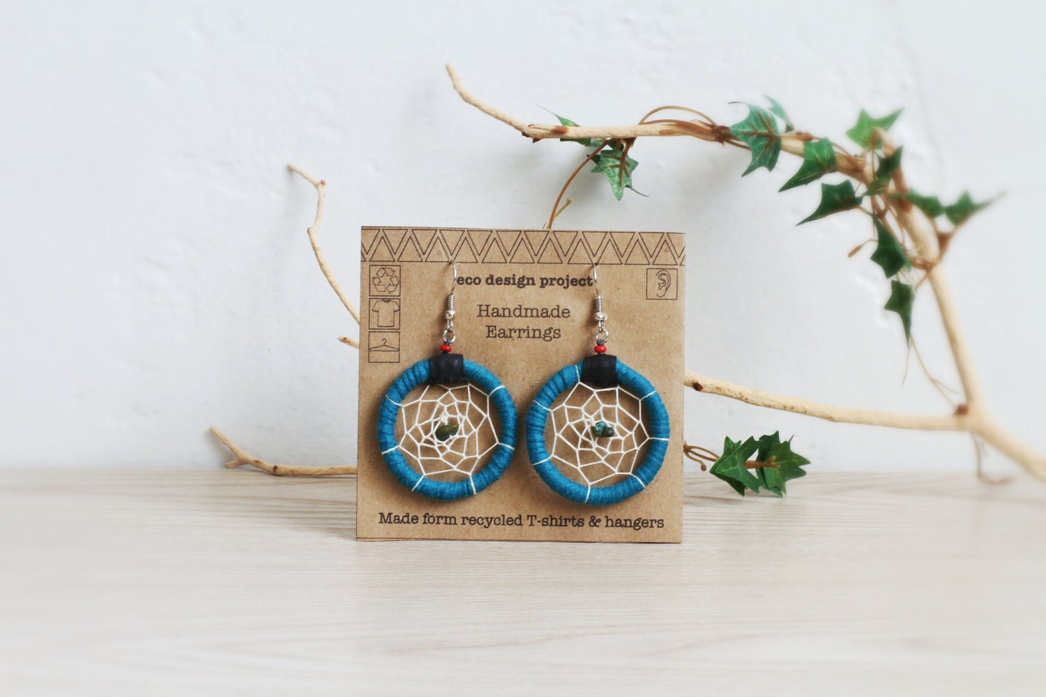 FREE SHIPPING,Native American inspired upcycled T-shirts yarn handmade dreamcatcher earrings-dark turquoise ,turquoise