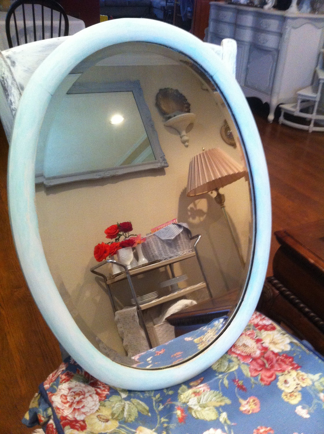 1915 Antique Beveled Oval Chippy Paint Wall Hanging Mirror - Paris Chic - Shabby Chic - Farmhouse Chic - Cottage Decor - Wall Hanging