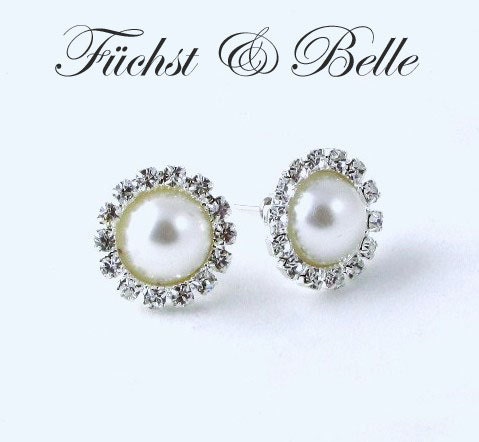 White pearl cliff on earrings, bridal pearl cliff-on earrings, Wedding earrings, Round rhinestones with pearl earrings