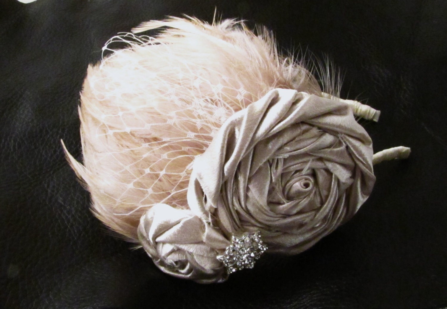 Blush flowers ivory feather headband,  bridal wedding headpiece, ivory guinea feather fascinator