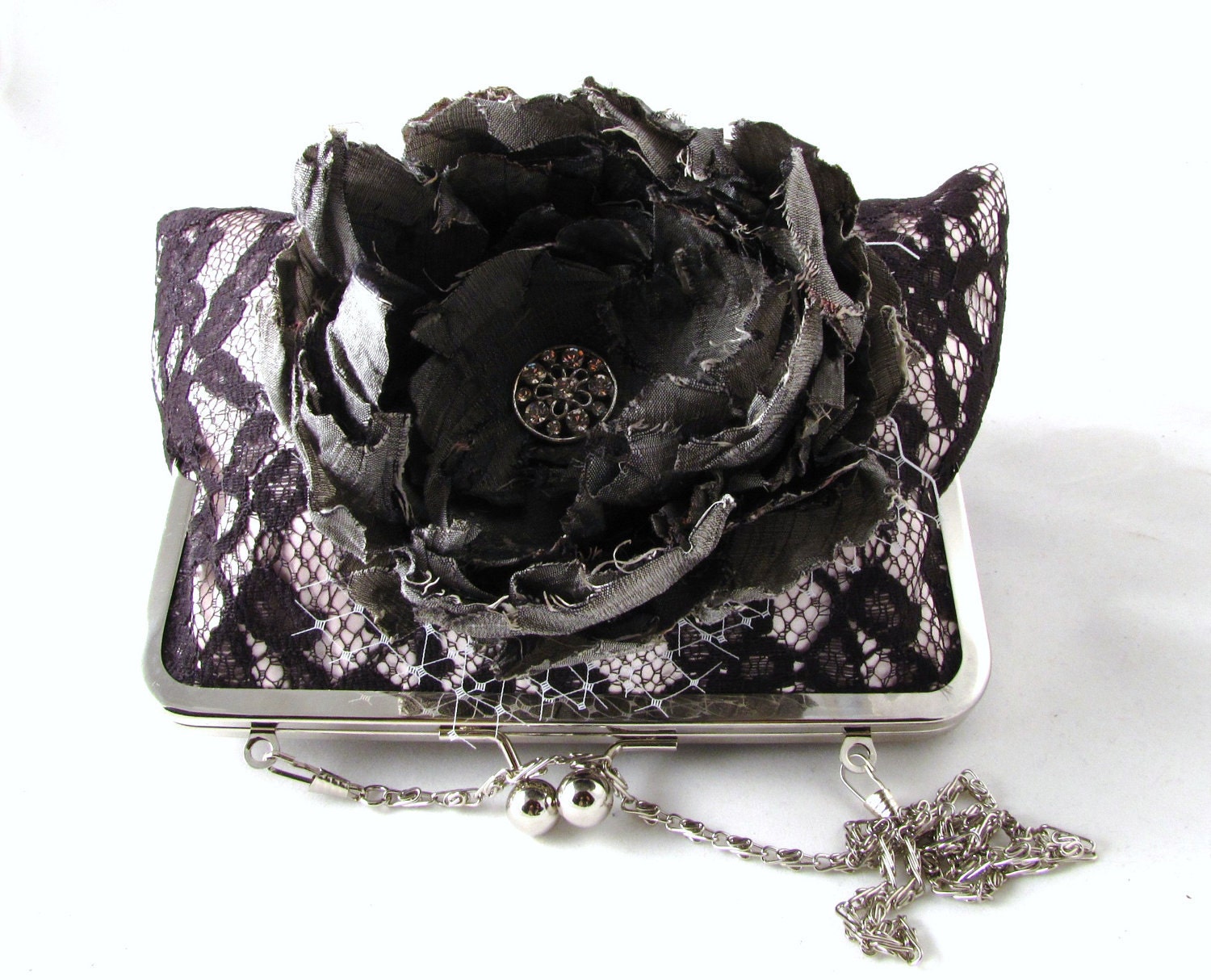 Silk flower lace clutch in silver and gray - Elegant black lace evening purse