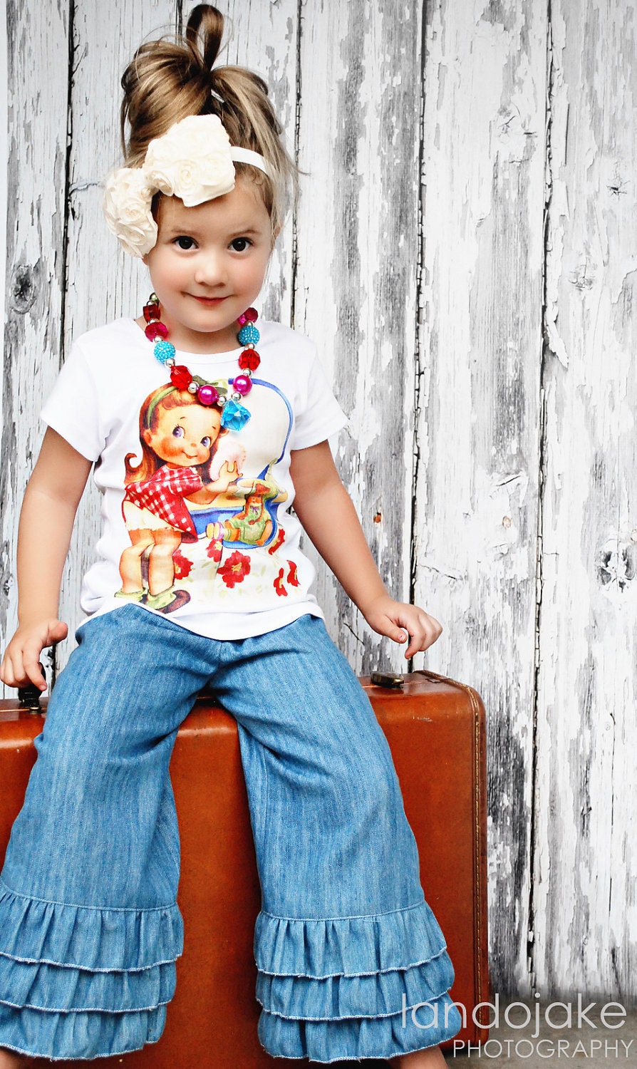 Limited Edition Unique Tripple Ruffled Pants or Capri and Top-- Pretty Girls and Denim---12mos-8Y.
