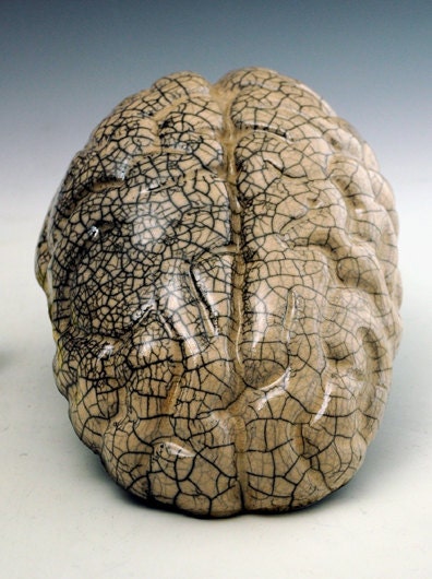 raku brain sculpture, crackle glaze
