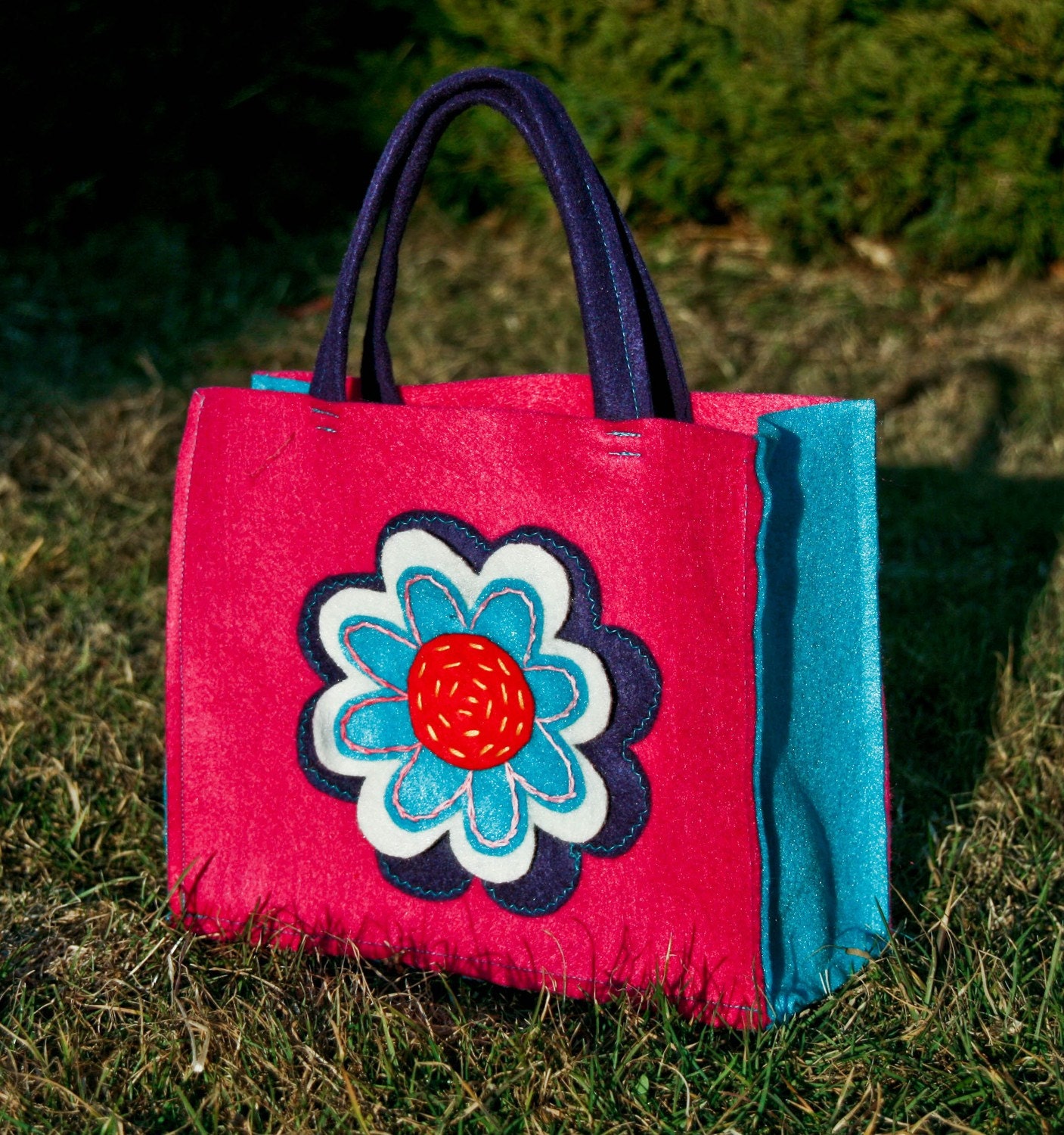 Flower Felt Tote, Handbag for Girl, Pink Turquoise Bag Il_570xn
