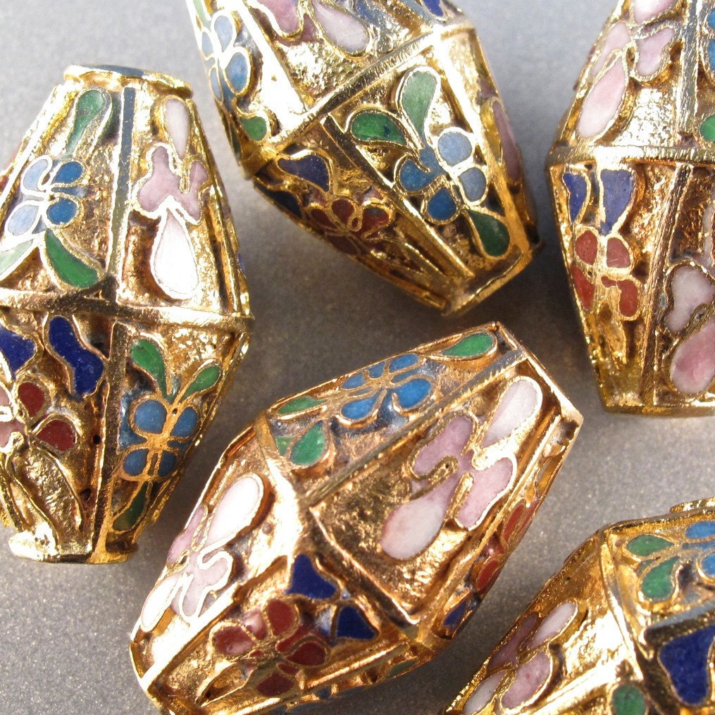 5 old vintage chinese gold cloisonne and METAL ethnic china asian oriental beads large bicone No.00932