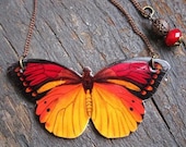 Butterfly Monarch Necklace Woman Yellow and Red Pendant Nature Woodland