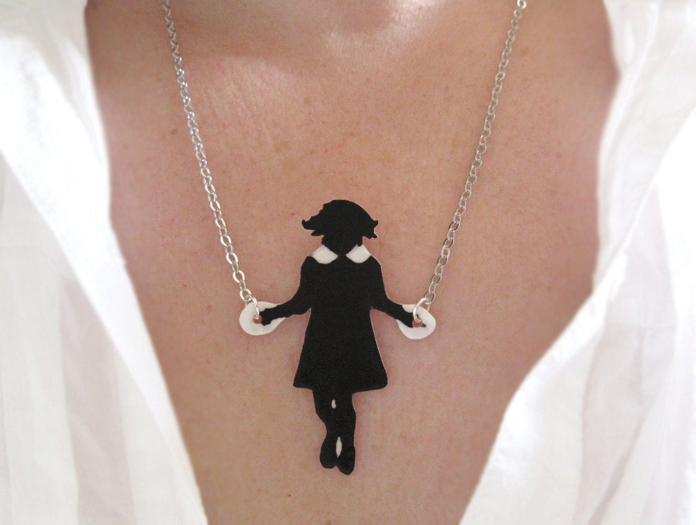 Woman Black White Necklace Little Girl Skipping Black Silhouette Jumping Rope Unique Fun