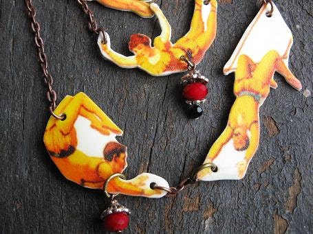 Yellow Statement Necklace For Her Circus Vintage Inspired Flying Acrobats