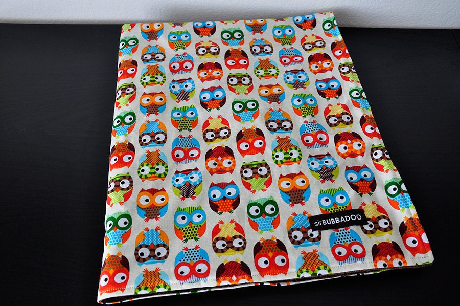 Owl Baby Blanket, Bright Owls in Cream by Alice Kennedy and Brown Bubble Dot Minky