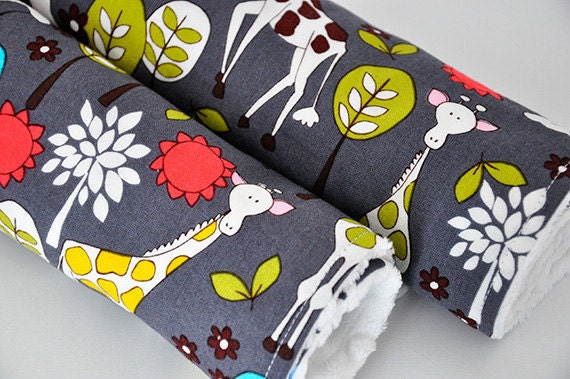 Baby Burp Cloths, Set of 2, Giraffe Garden in Gray and White Bubble Dot Minky