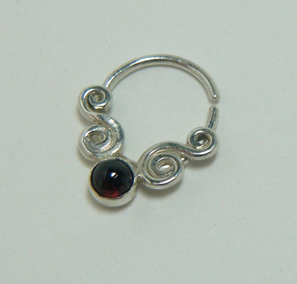Silver Nose Hoop with Scrolls and Stone