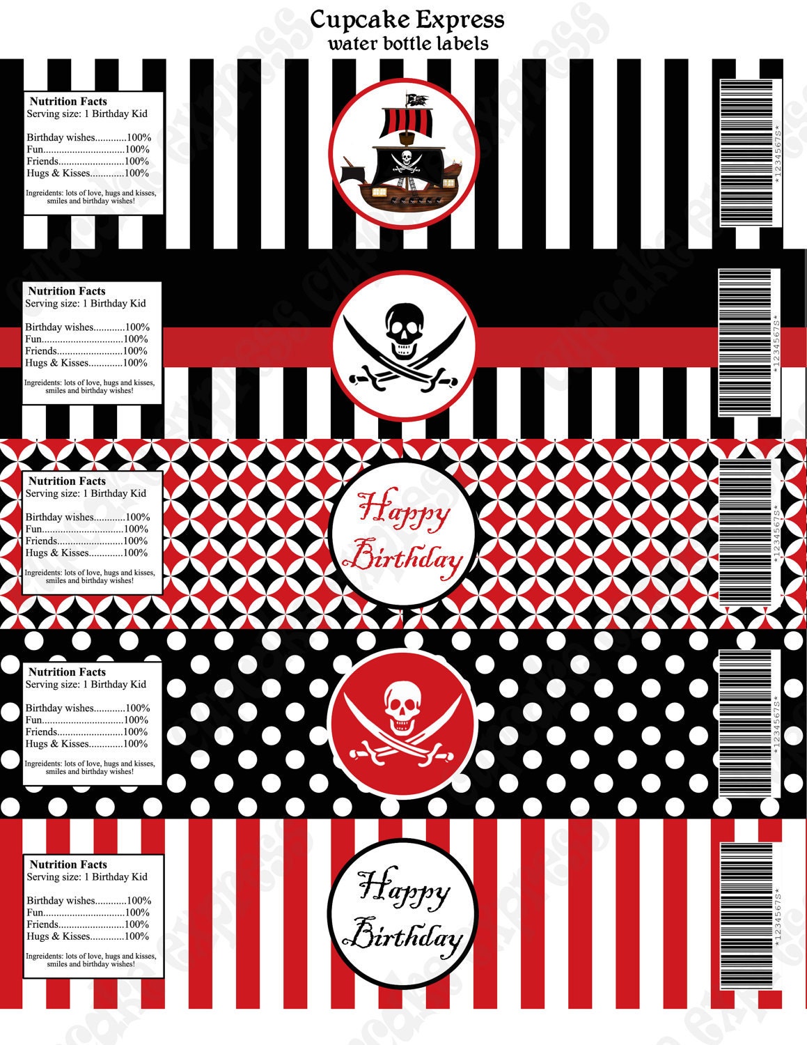 INSTANT DOWNLOAD diy PIRATE Printable Birthday Party Water Bottle Labels wraps red black stripes polka dots -Cupcake Express Il_170x135
