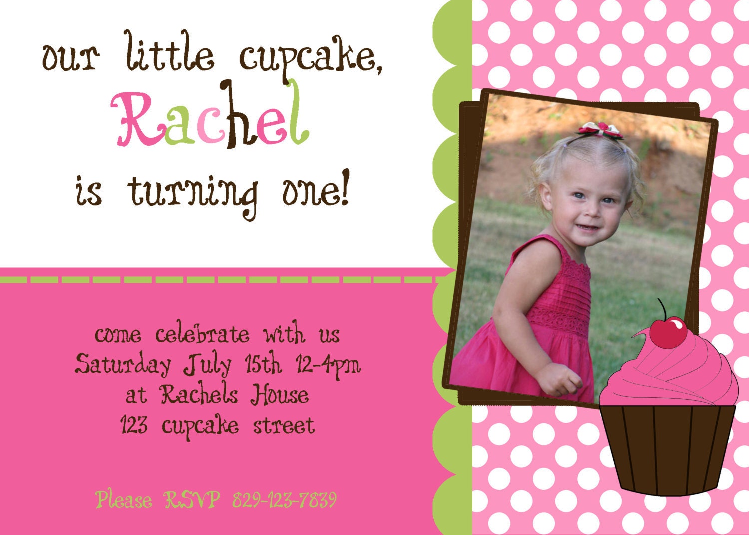 DIY Cupcake Birthday Party PRINTABLE Invitation 5x7 4x6 pink green brown GIRL first 1st Il_570xn