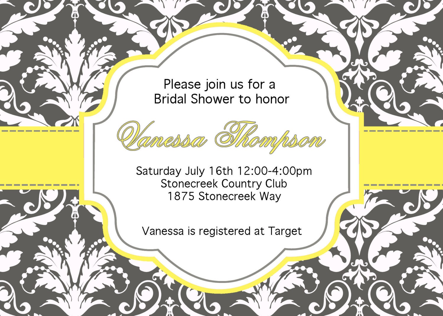 DIY Bridal Shower 2 PRINTABLE Invitation 5x7 Grey Charcoal and white damask Yellow Il_570xn