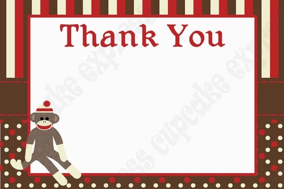 DIY Sock Monkey Birthday Party PRINTABLE Thank You Card 4x6 red brown favors treats Il_570xn