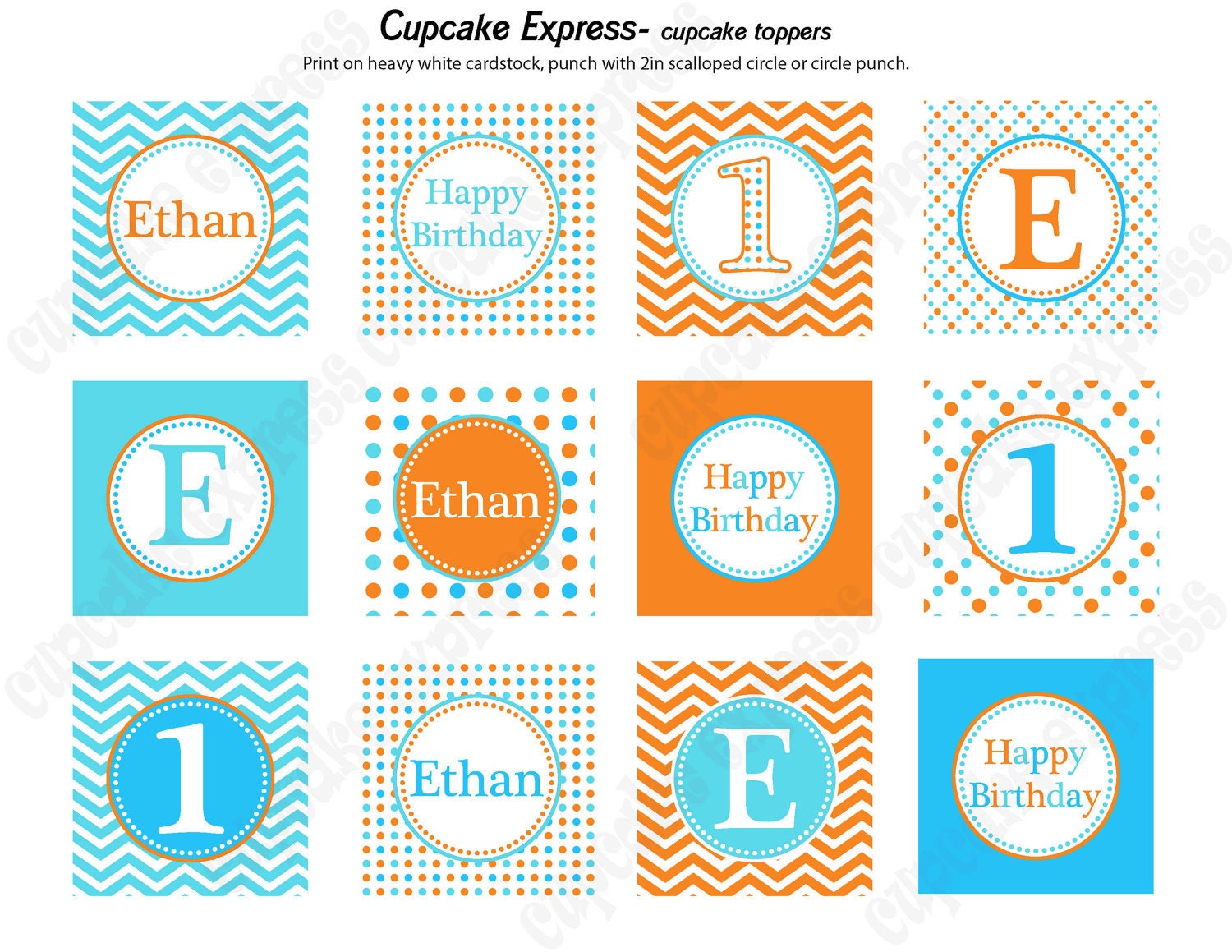 DIY Orange Blue Aqua Birthday Party PRINTABLE Cupcake Toppers favor tags baby shower Chevron polka dots Il_570xn