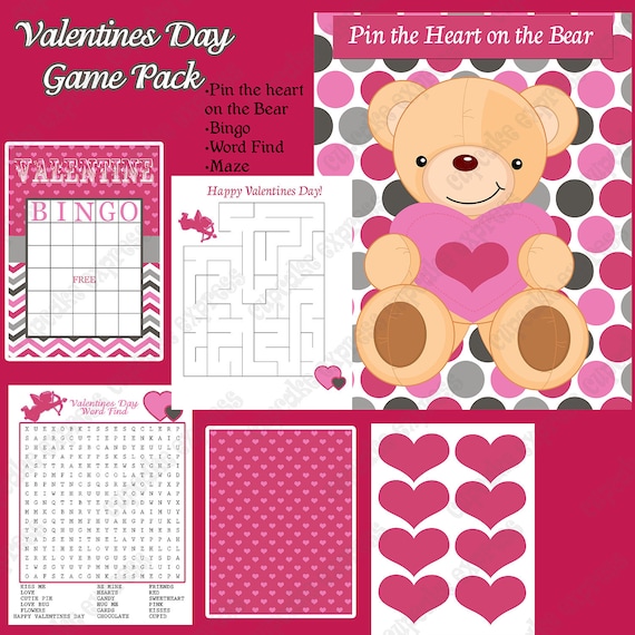 Sale Sale 50% Off DIY Mod Valentines Day Party PRINTABLE GAME pack Bingo Maze Word Find Pin the heart on the bear - Cupcake Express Il_570xn