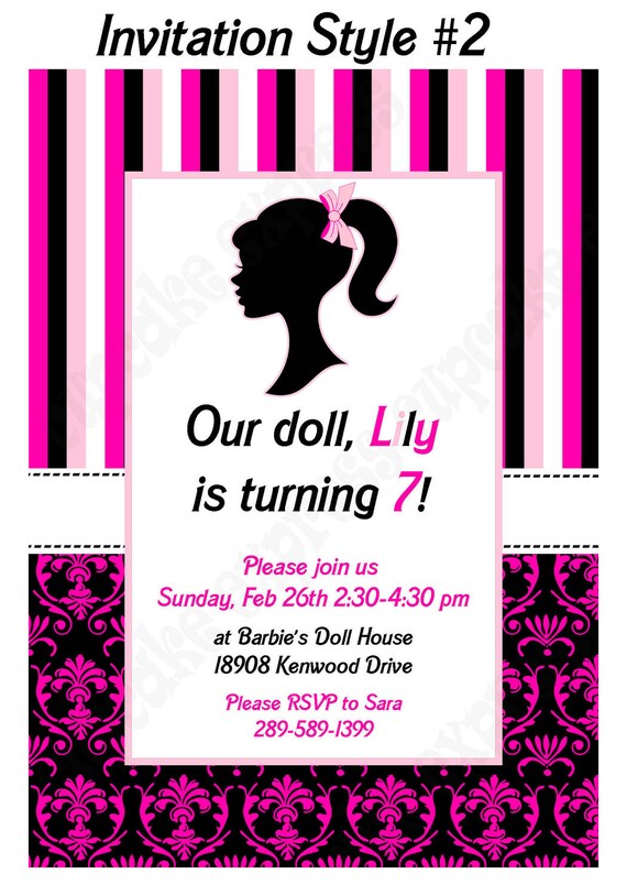 20 PRINTED Barbie Inspired Birthday Party Invitations 5x7 Pink black with envelopes Il_570xn