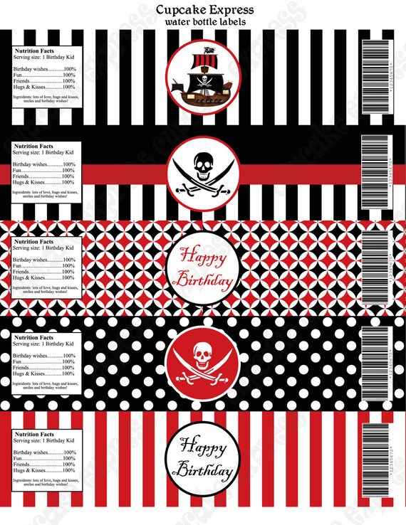 INSTANT DOWNLOAD diy PIRATE Printable Birthday Party Water Bottle Labels wraps red black stripes polka dots -Cupcake Express Il_570xn