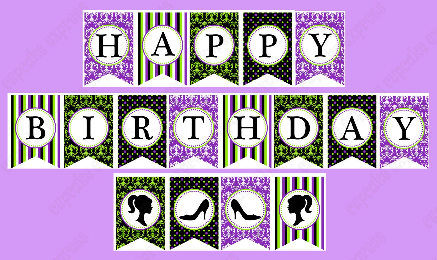 DIY Fashion Chick Birthday Party PRINTABLE pendant Banner purple lime green black Il_570xn