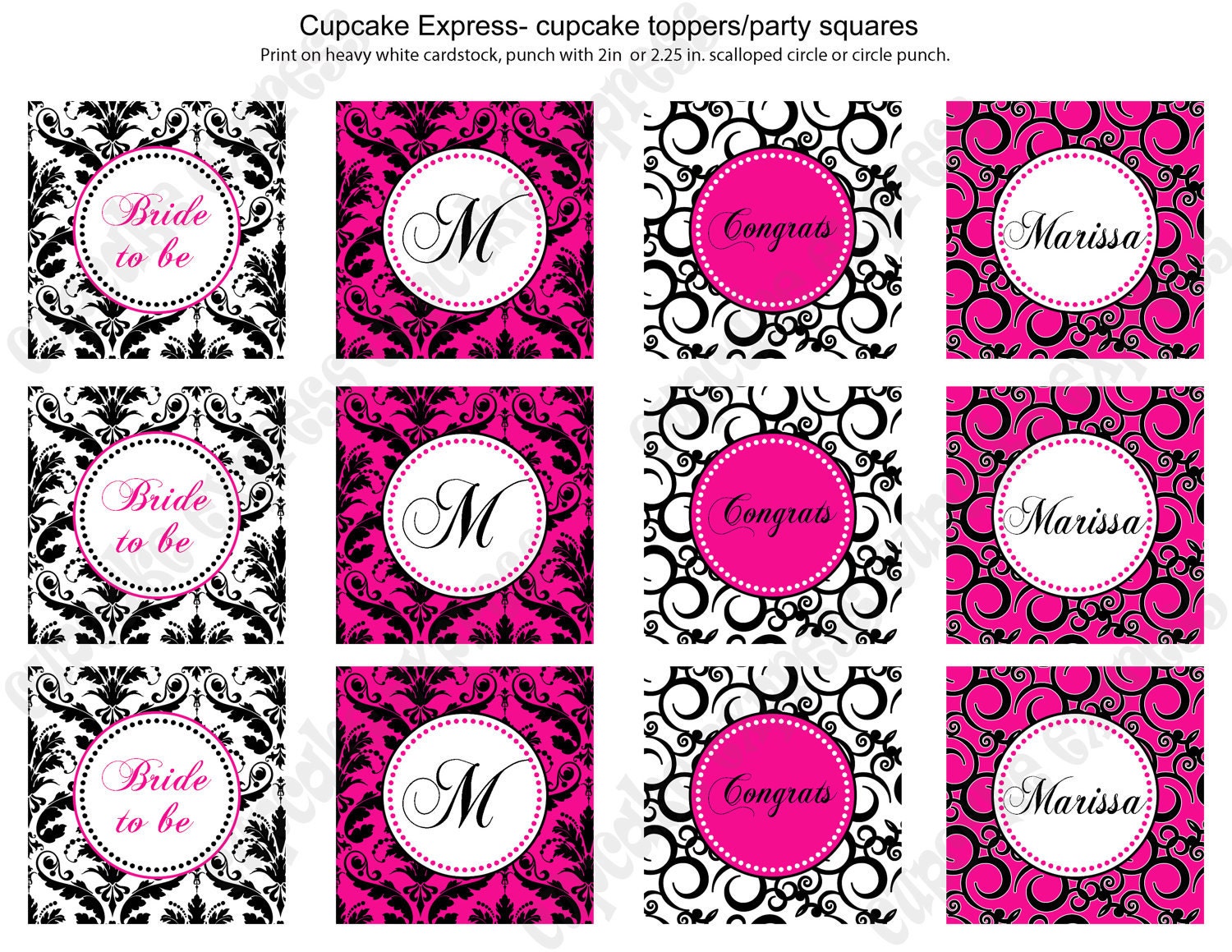 DIY  Hot pink Black Damask Bridal Shower  Printable Party Circles 2in Cupcake Toppers  damask swirls - Cupcake Express