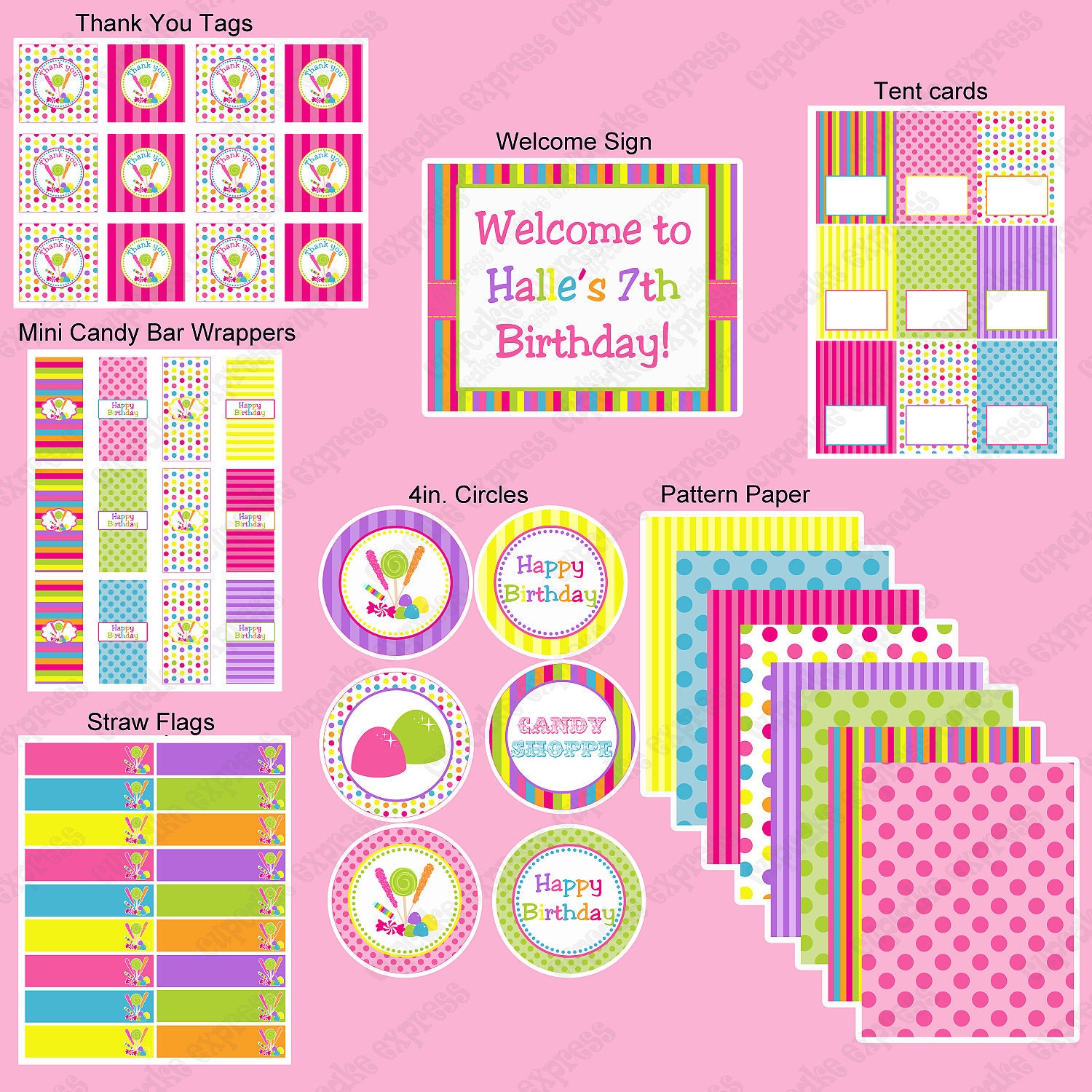 INSTANT DOWNLOAD diy Candy Shoppe Birthday Party  PRINTABLE Water Bottle Labels pink green blue yellow orange  candyland