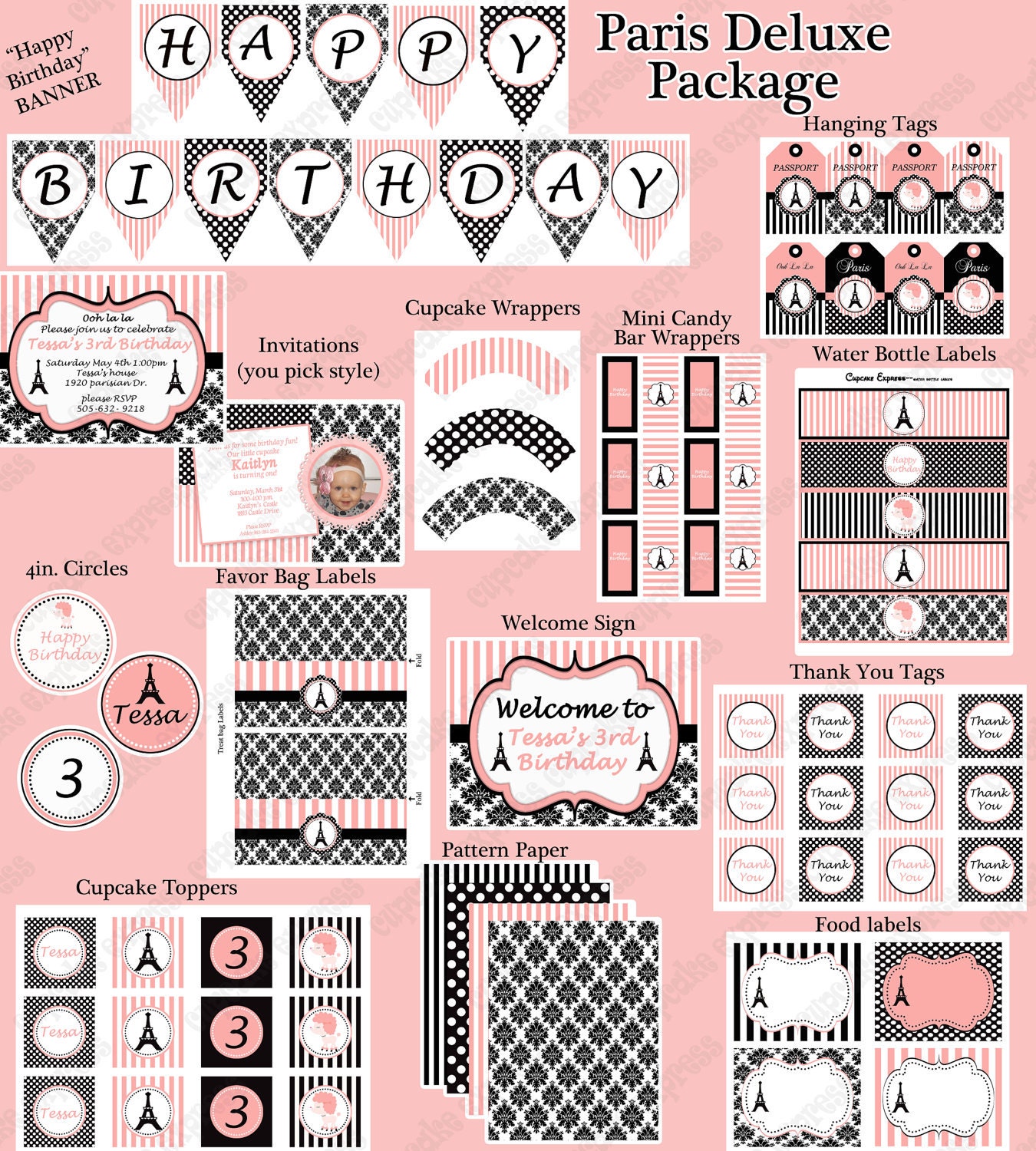 DIY Paris Birthday Collection PRINTABLE Party  Deluxe  Package  pink black