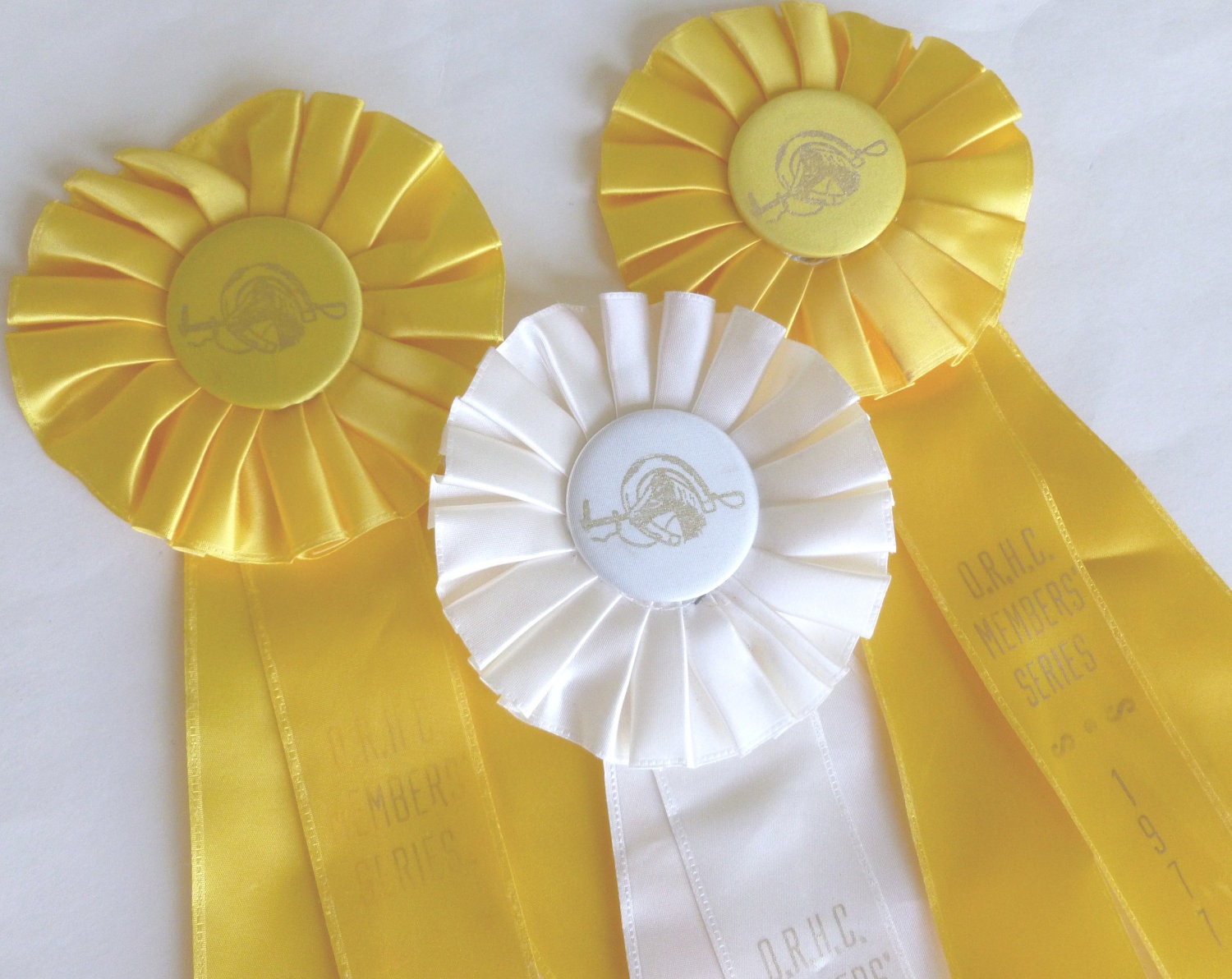 Horse Show Ribbons Equestrian Awards Rosettes Lot Mustard Yellow and White with Gold Text Vintage 1970s Kentucky Derby Party Decor