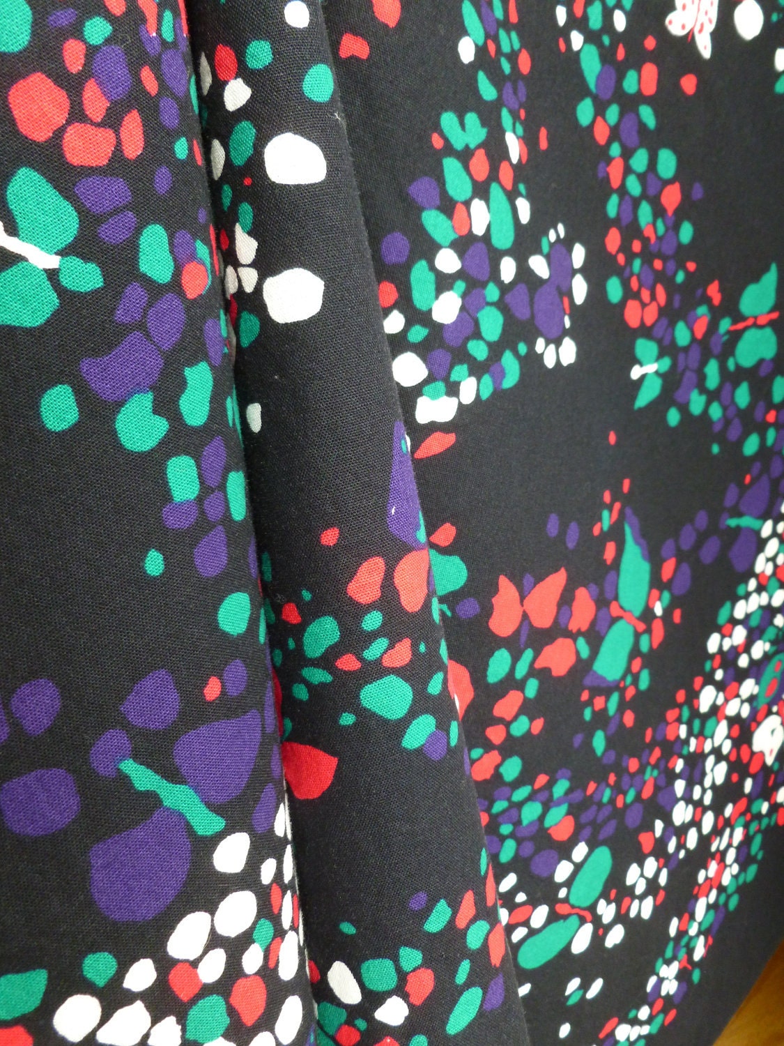 Marjatta Metsovaara Tablecloth Round in Black, White, Teal, Red and Purple Butterflies Confetti Finnish Designer Fabric Textile by Finlayson