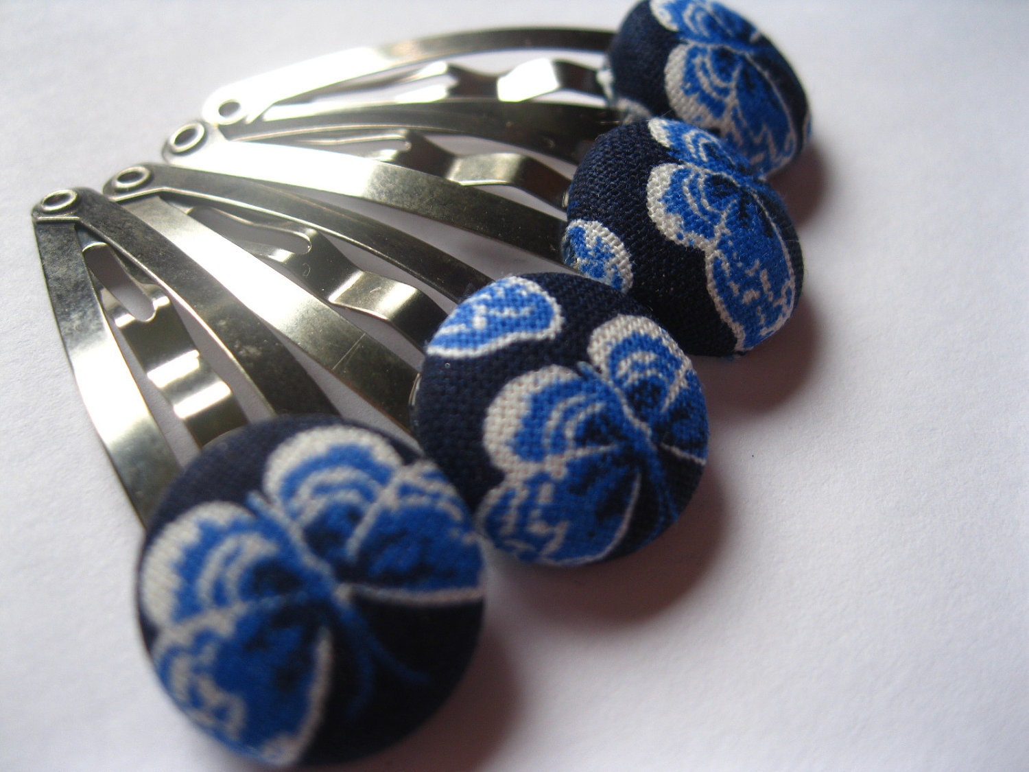 Snap Clips Hair Accessories -  Butterfly Hair Clips : Button Snap Barrettes - Blue and Navy Butterflies - Set of Four