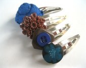 Funky Hair Clips Set of Four - Royal and Brown Mix of Snap Clips - Flowers and Buttons