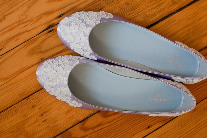 CLEARANCE Ready to Ship Size 9 Platinum silver satin wedding shoes ballet flats with French lace on the toe and heel