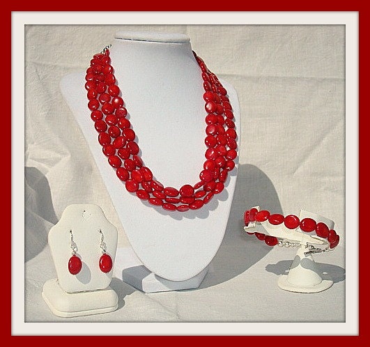 Chunky Red Coral Necklace three strand design.