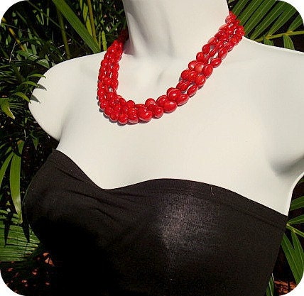 Chunky Red Coral Necklace three strand design.