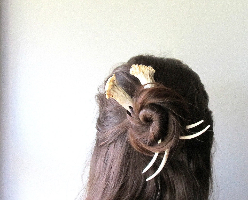 Unusual Deer Antler Hair Sticks Set of Two Hair Combs Forks Bizarre Hair Accessory