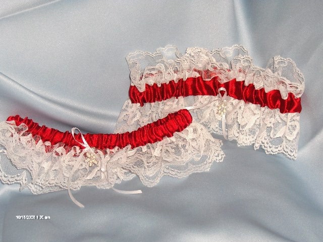 Garter set of two wedding Custom made your colors and or theme  Any size shown middle red band white lace