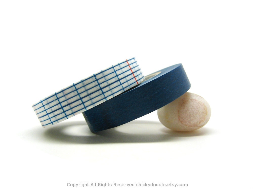 Indigo, Blue Grids with Red Japanese Washi Tapes Set (12mm)
