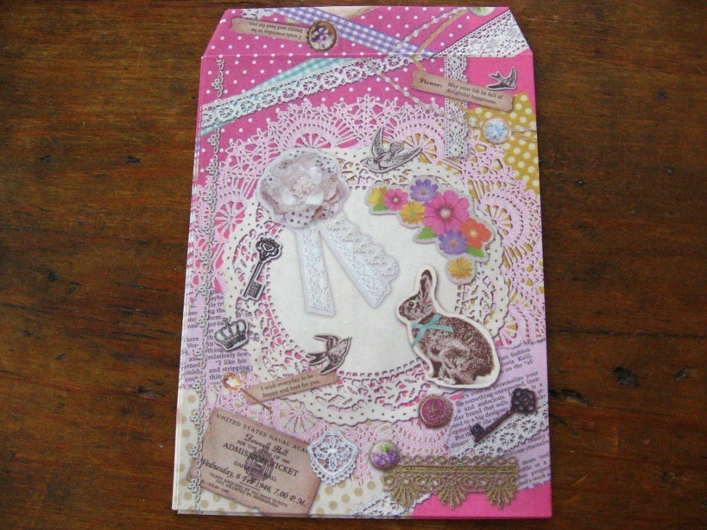 Doilies and Rabbit Collage Gift Bags or Favor Bags with Stickers (Set of 5)