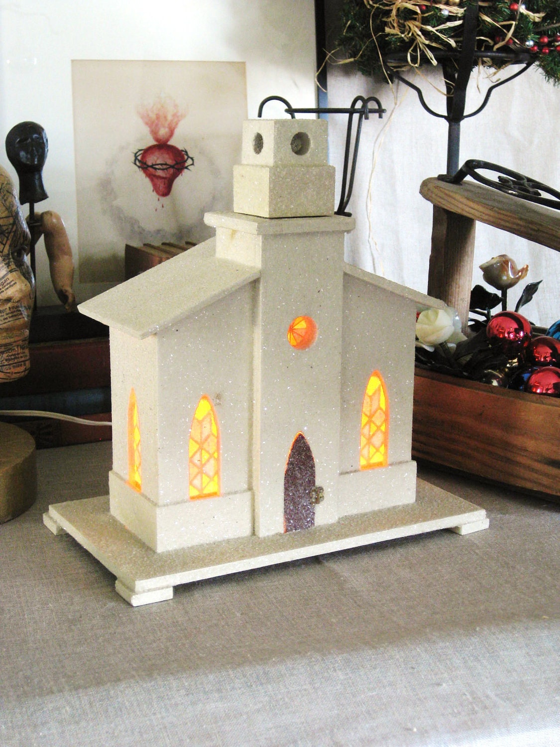 40% OFF Entire Shop - Vintage Glitterized Wooden Church Lamp- Vases / Baskets / Holiday