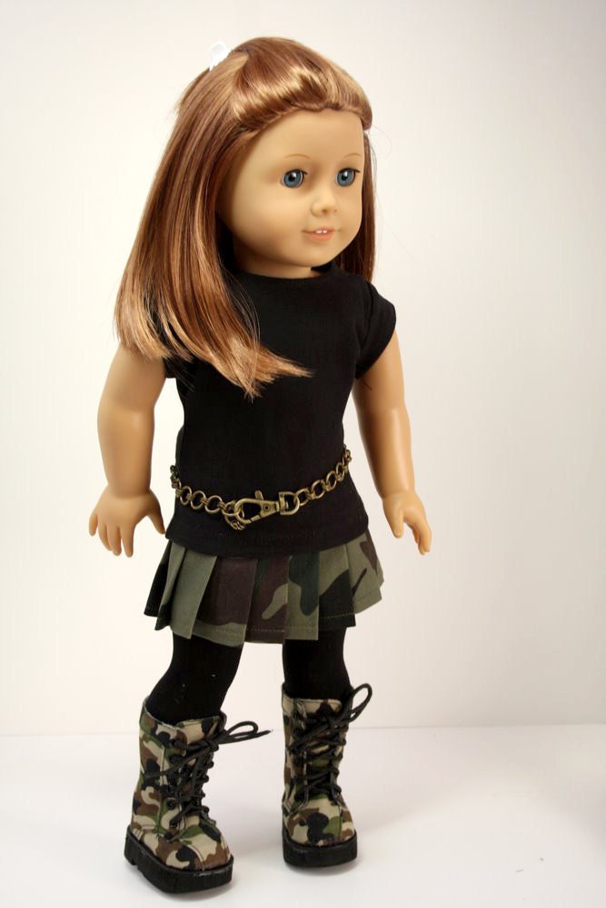 American Girl Doll Clothes-T Shirt, Pleated Skirt, Tights, Belt and Camo Boots