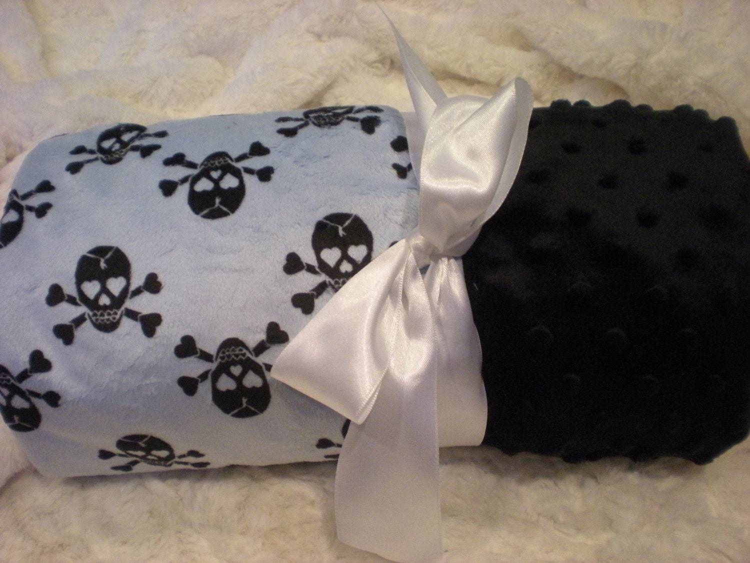 Minky Baby Blanket -  Monogram - Black and Light Blue Skull / Pirate - Personalized Custom