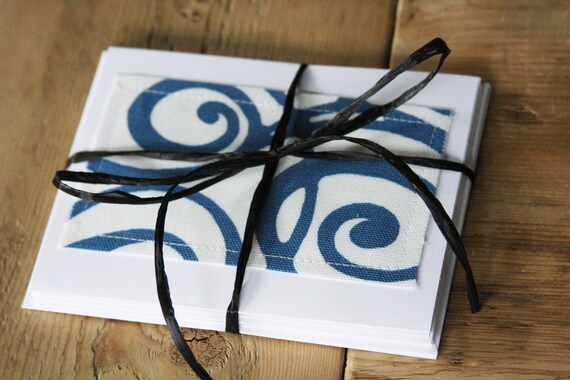 Blue Note Cards - Blue Squiggles Fabric - Set of 4 (Blank) - FREE US SHIPPING