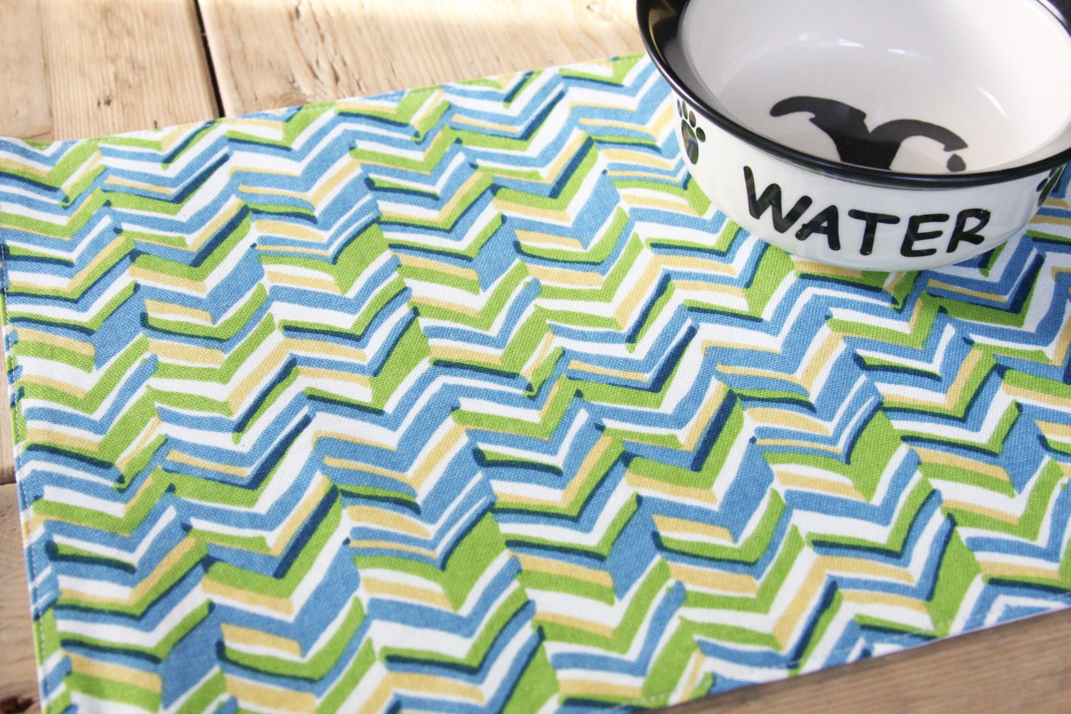 FREE US SHIPPING Pet Food Mat - Blue, Green and Yellow Chevron in Small Size