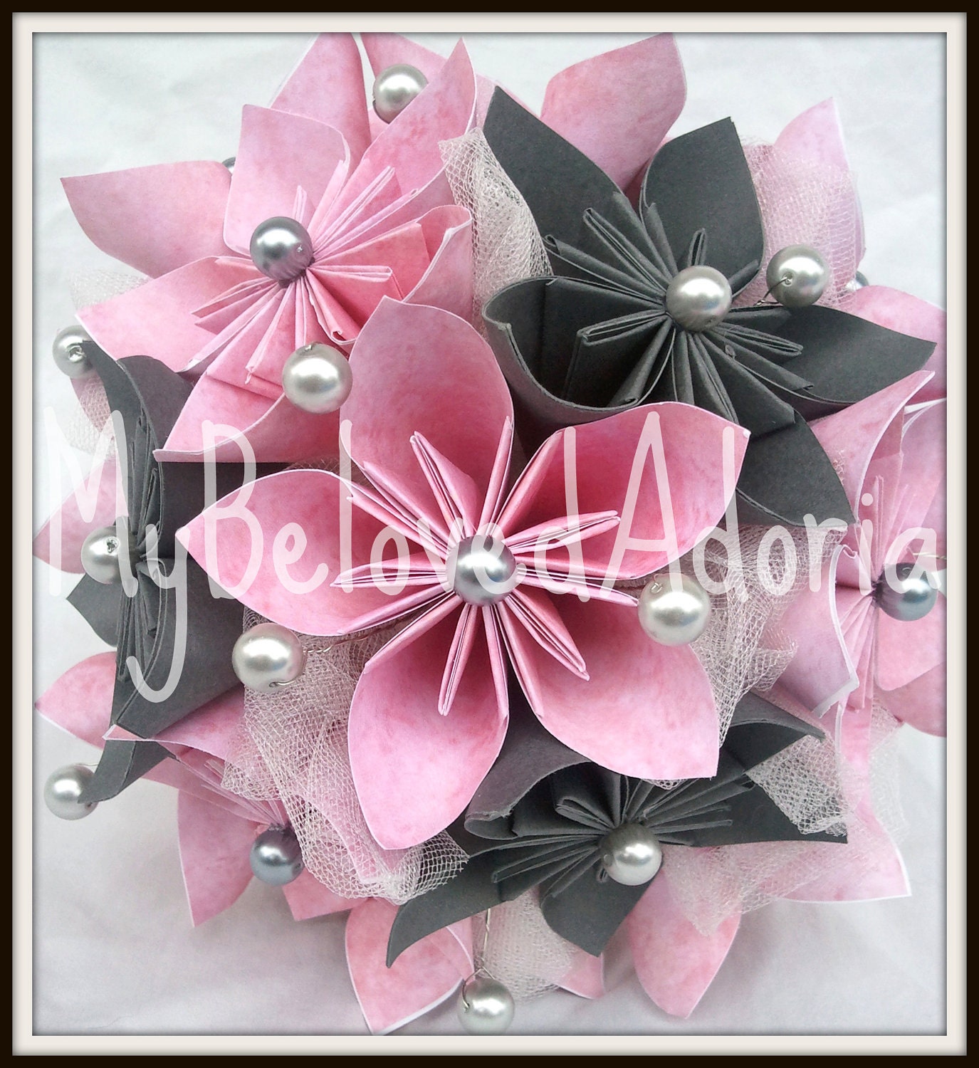 Blush pink, Gunmetal gray, and Cream origami bridesmaid bouquet with matching boutonniere