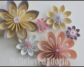 Baby girl nursery Wall Flowers decorations in soft pink, yellow, white and grey- paper origami set of 6